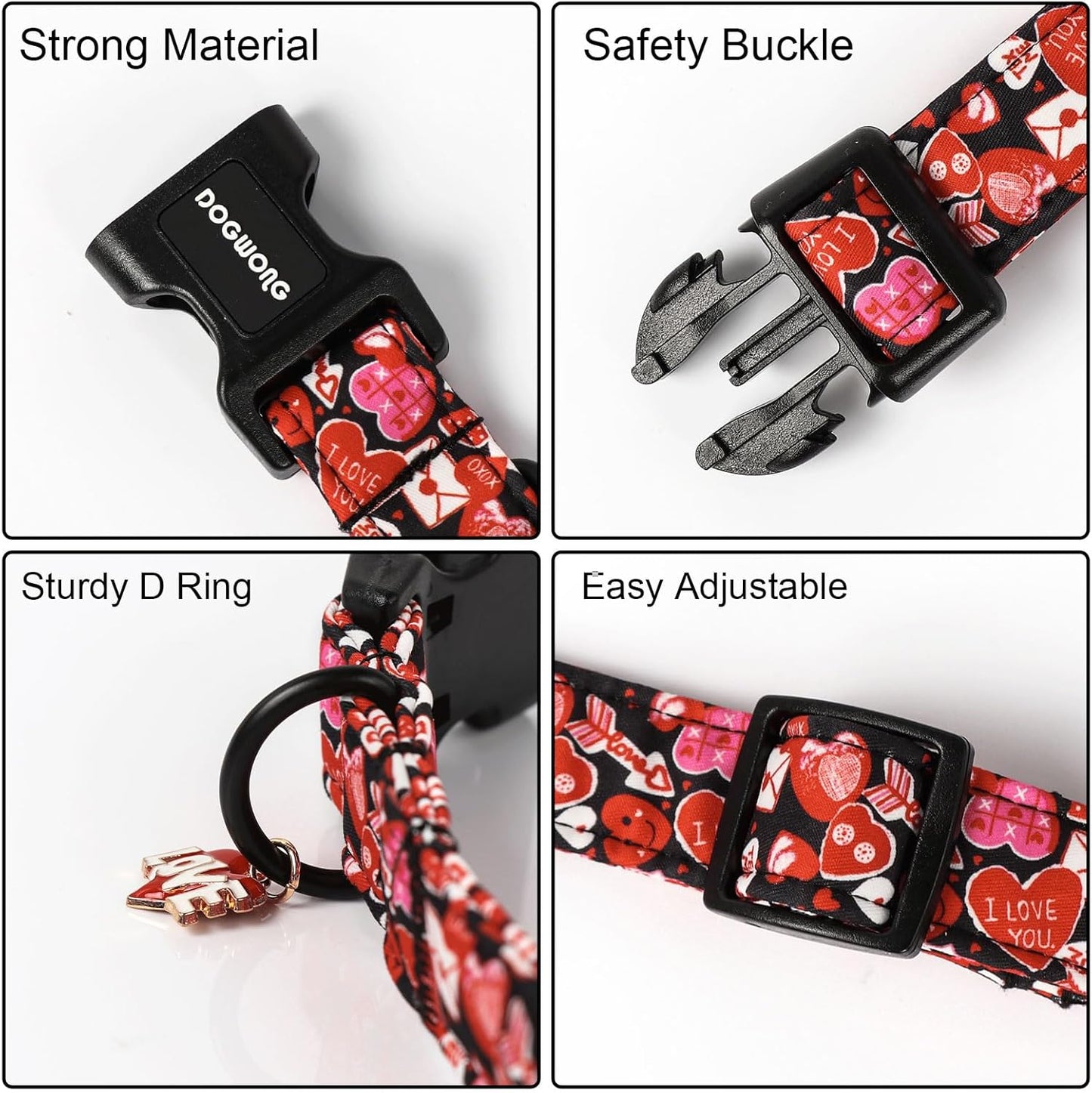 DOGWONG Valentine Dog Collar- Cute Red Heart Dog Collars Adjustable Durable Designer Valentine’s Day Dog Collar for Small Medium Large Dogs XL
