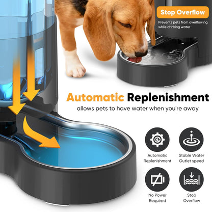 7L Automatic Dog Water Dispenser Bowl, Gravity Pet Water Dispenser with Stainless Steel Bowl, No Spilling Large Capacity Water Feeder for Dogs Cats (7L Without Filter Black)