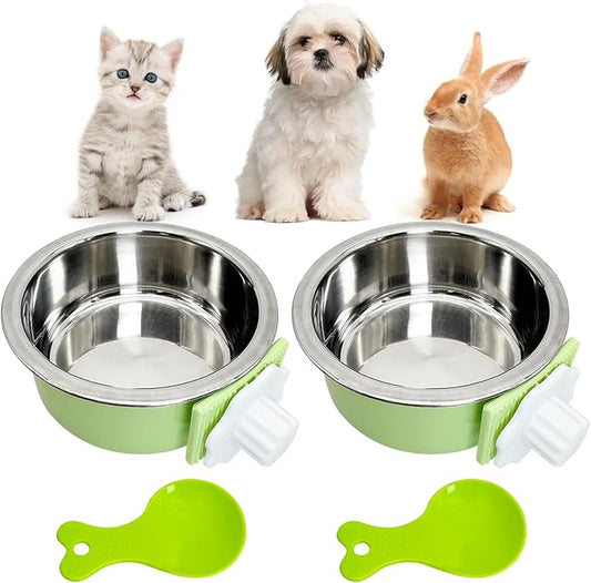 Hamiledyi Crate Dog Bowl Cat - Removable Stainless Steel Hanging No Spill Pet Bowl for Kennels Durable Detachable Design Fits Small Medium Dog Cages (2 Pcs, Green
