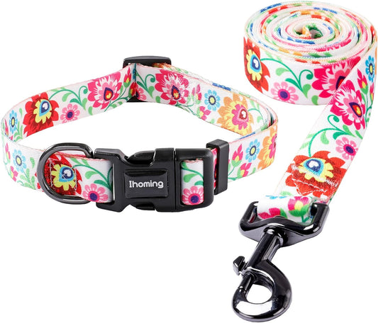 Ihoming Dog Collar and Leash Set for Daily Outdoor Walking Running Training, White Colorful Flowers Design for Large Boys Girls Dogs Cats Pets, L-Up to 80LBS