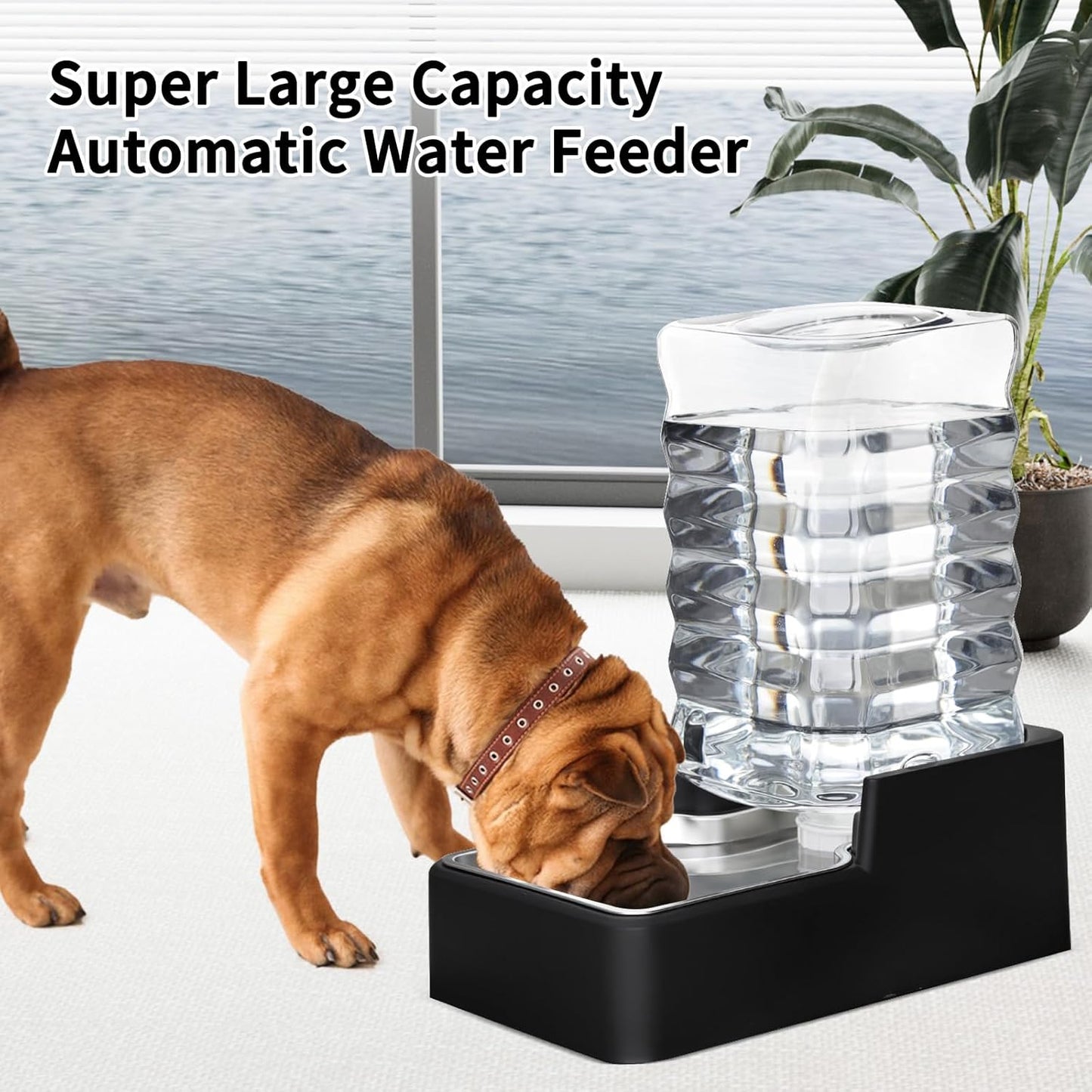 RIZZARI Stainless Steel Pet Water Feeder: 8.5L Black Automatic Leak-Proof Gravity Dispenser for 30-60 LB Dogs with Arthritis - Without Filter - Ideal for Garage Living Room