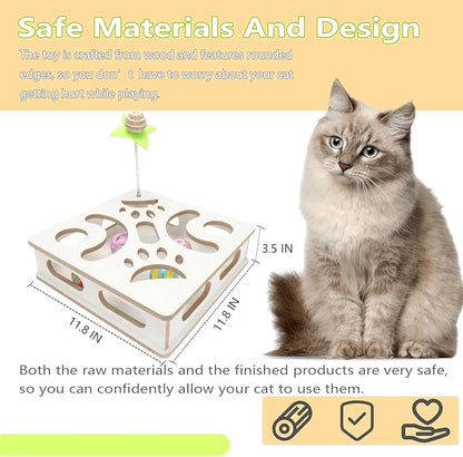 Interactive Wooden Cat Puzzle Toy Box Indoor Hunting Play Toy to Stimulate Your Cat’s Energy and Instincts (White)