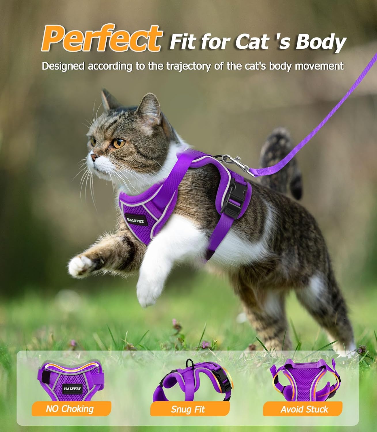 Halypet Cat Harness and Leash Set [MAX Safety 4th-Gen Upgrade] Escape Proof Adjustable Cat Leash Comfortable Soft Vest Easy to Wear Kitten Harness with Reflective Strip for Cats Walking, S Purple