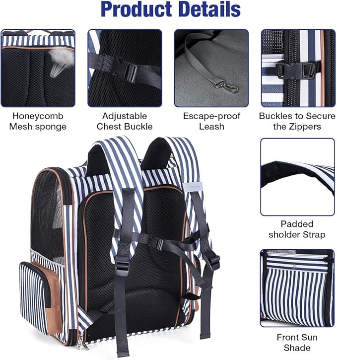 Lekebobor Extra Large Cat Backpack Carrier Expandable Pet Carrier Backpack for Small Dogs Medium Cats Fit Up to 18 Lbs, Dog Backpack Carrier, Foldable Puppy Backpack Carrier for Travel, Hiking,Striped