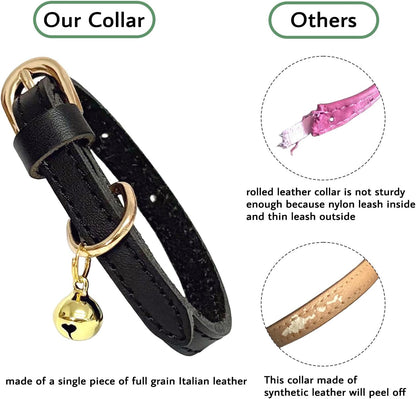 Guiding Star Leather Collar for Puppy, Cute Soft Thin Dogs Collars for Small Medium Dogs, Cat Collar with Bell (Black, XS, 9"-12")