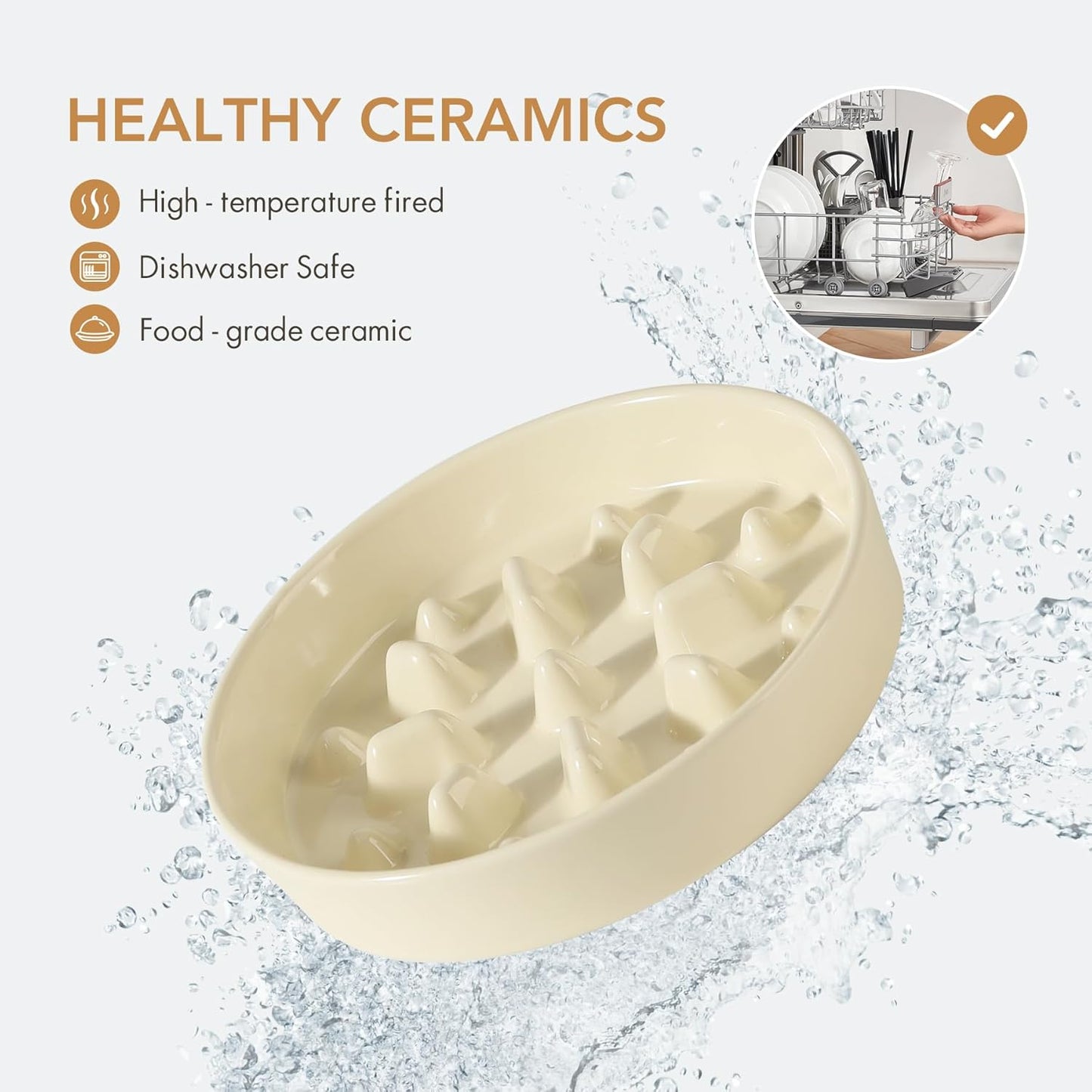 Ceramic 1.6 Cup Dog Bowl Slow Feeder, 8.2 inch Slow Pet Food Dish for Medium and Large Dog, Stop Bloat, Preventing Choking(Single Bowl, Beige)