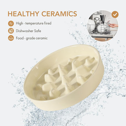Ceramic 1.6 Cup Dog Bowl Slow Feeder, 8.2 inch Slow Pet Food Dish for Medium and Large Dog, Stop Bloat, Preventing Choking(Single Bowl, Beige)
