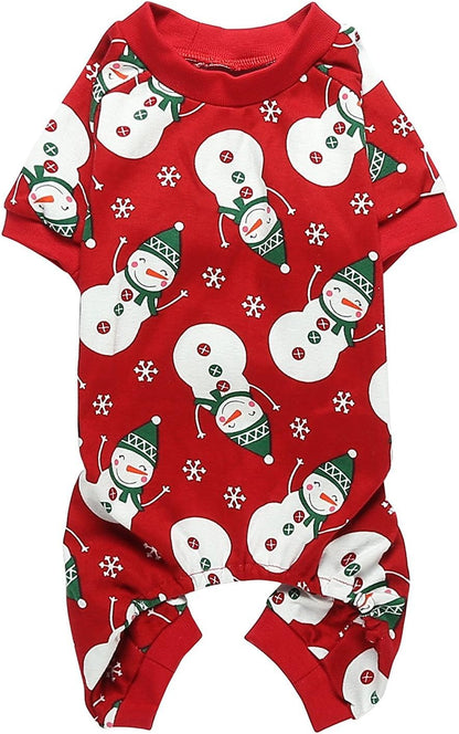 Lanyarco Snowman Pet Dog Christmas Pajamas PJS, Cute Cotton Snowflake Xmas Outfit for Medium Dogs, Red Large Back Length 20"