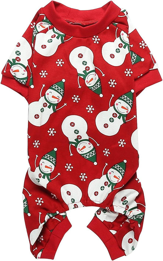 Lanyarco Cute Snowman Christmas Dog Pajamas, Soft Cotton Xmas Christmas Pajamas for Dogs Holiday Pet Clothes Onesie PJS, Red Medium Back Length 16"