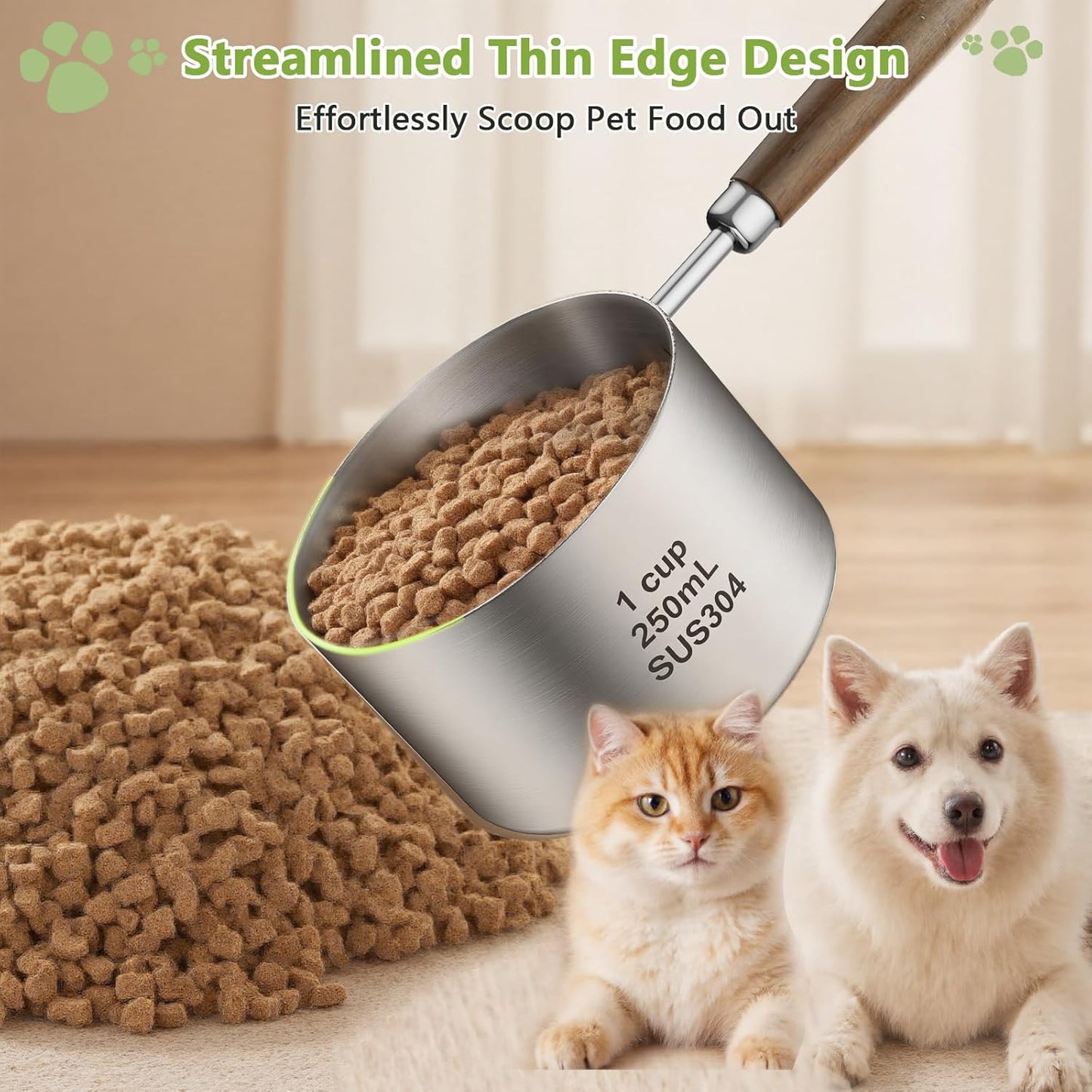 Dog-Cat Food Scoop 1 Cup, 304 Stainless Steel Measuring Cup with Long Wooden Handle, Pet Food Scoop for Rabbit, Easy to Clean Precise Scale