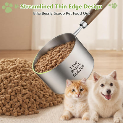 Dog-Cat Food Scoop 1 Cup, 304 Stainless Steel Measuring Cup with Long Wooden Handle, Pet Food Scoop for Rabbit, Easy to Clean Precise Scale