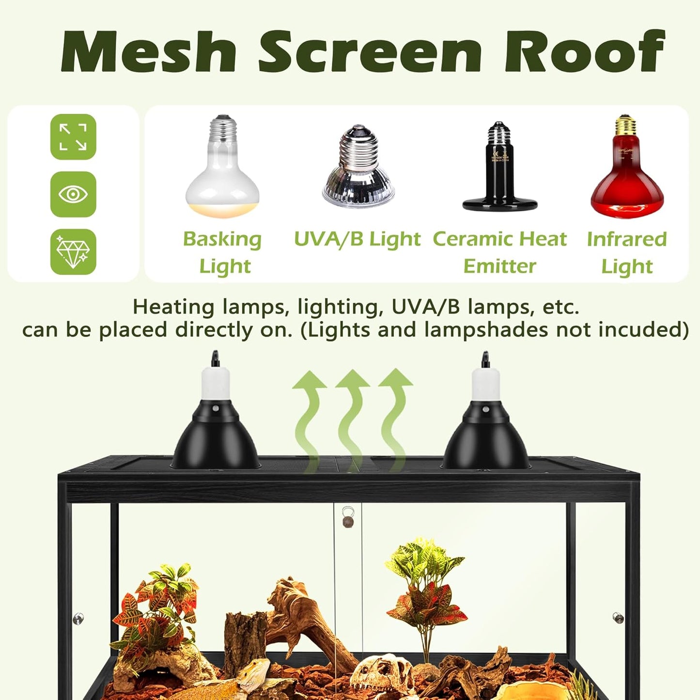 Prolee Bearded Dragon Tank with Leg Stand,Wooden Lizard Tank,Reptile Tank with Metal Mesh Roof Door, Acrylic Panel Snake Tank with Lock Design (Black, 32"x16"x16")