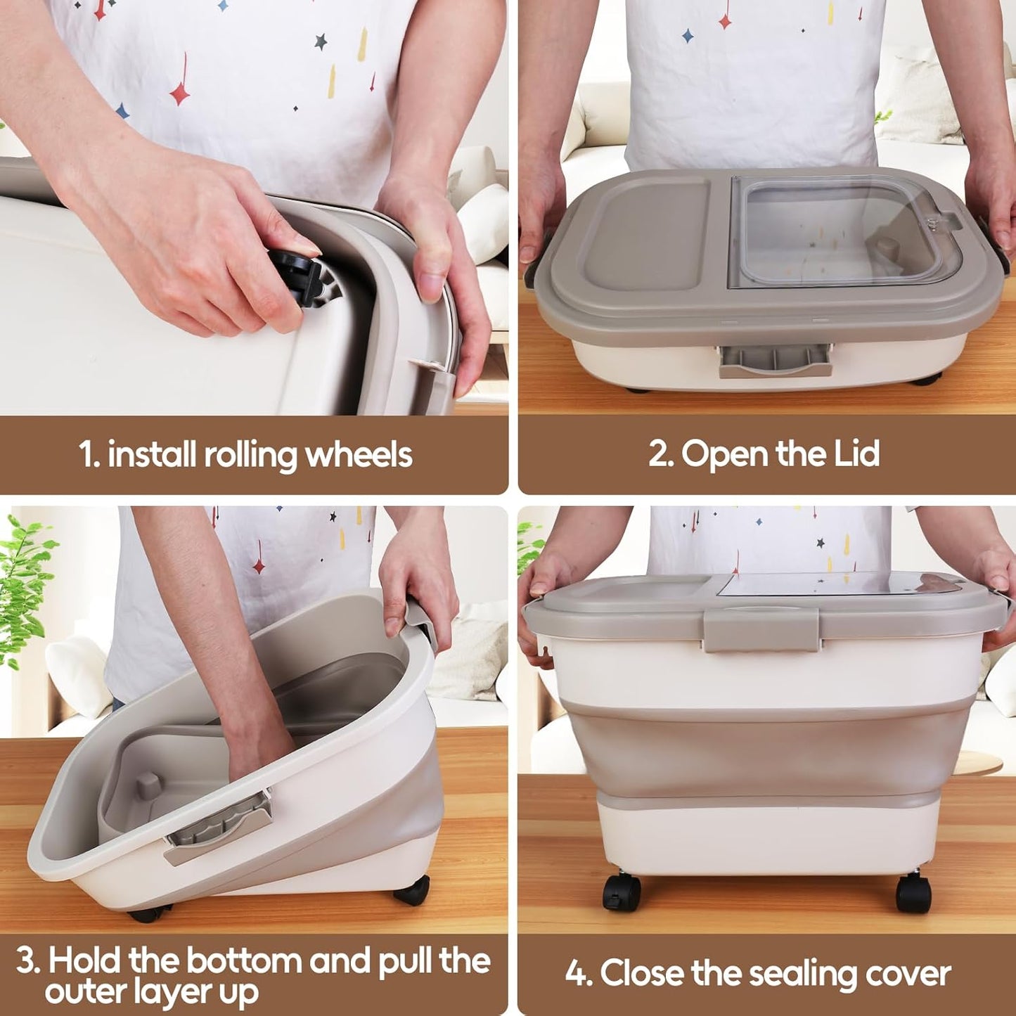 ShineMe 20Lbs Collapsible Pet Food Storage Container with Airtight Lid, Dog Food Storage Container with Measuring Scoop and Cup, Wheels & Handle for Easy Moving, Keep Dry Food Fresh (Khaki)