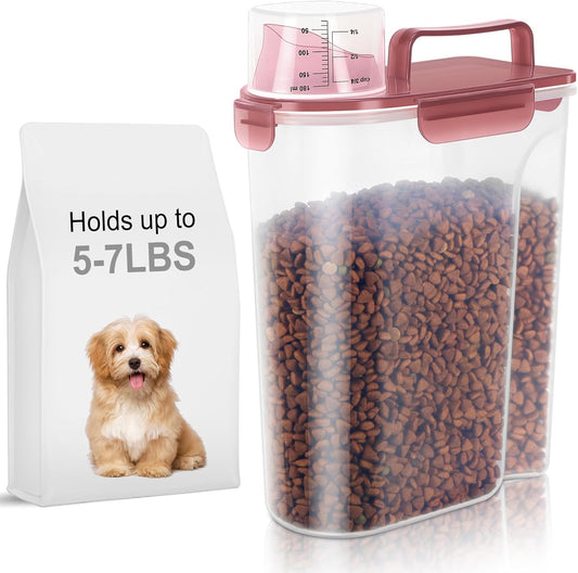 5-7Lbs Dog Cat Food Storage Container with Upgraded Large Nozzle BPA-free, 4 Snap Seals Plastic Pet Food Storage Containers with Handles (1, Clear Pink, 5L)