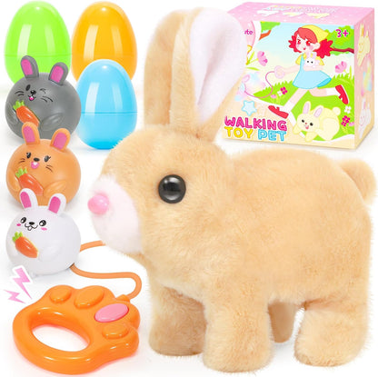 Plush Bunny Easter Toys for Kids,Interactive Bunny with Sounds,Can Walk,Wag Tail and Twitch Nose with Remote Control Leash,Easter Eggs with Pull Back Cars,Easter Birthday Gift for Toddlers