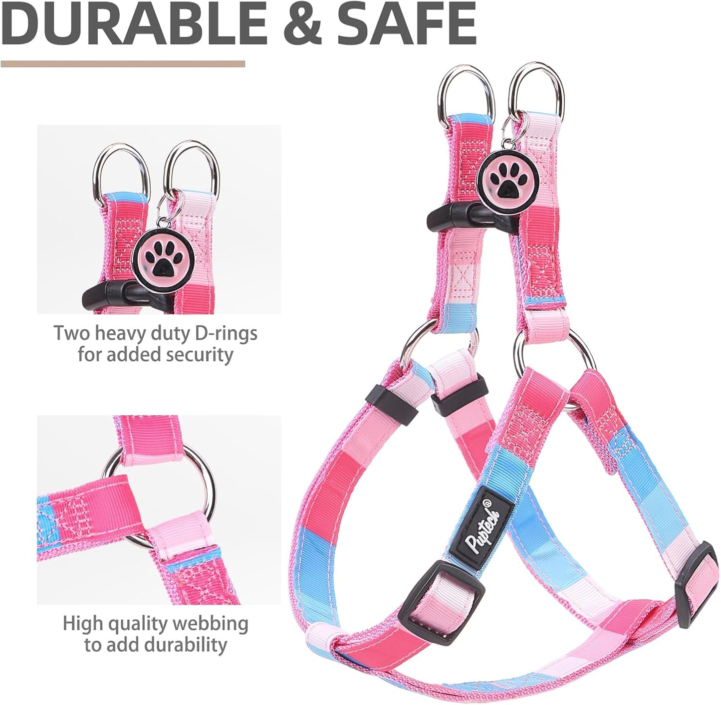 PUPTECK No Pull Dog Harness Soft Adjustable Basic Nylon Step in Puppy Vest Outdoor Walking with ID Tag, Striped Pink, S