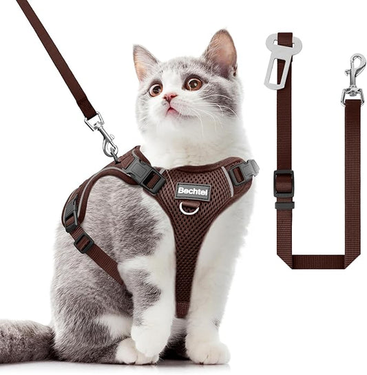 Cat Harness and Leash Set - Escape Proof Adjustable Cat Harness, Comfortable Soft Lightweight, Use Safe & Easy, Walking Travel Kitten Harness for Small Medium Large Cats, Brown, XS(4-6lb)