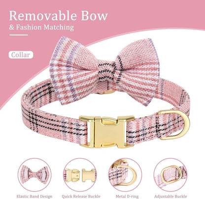 Beirui Cute Extra Small Dog Harness Collar and Leash Set with Bowtie, Soft Adjustable Plaid Puppy Harness for Small Sized Dogs Cats Walks Parties and Photoshoots(Pink,XS:Chest 13-18")