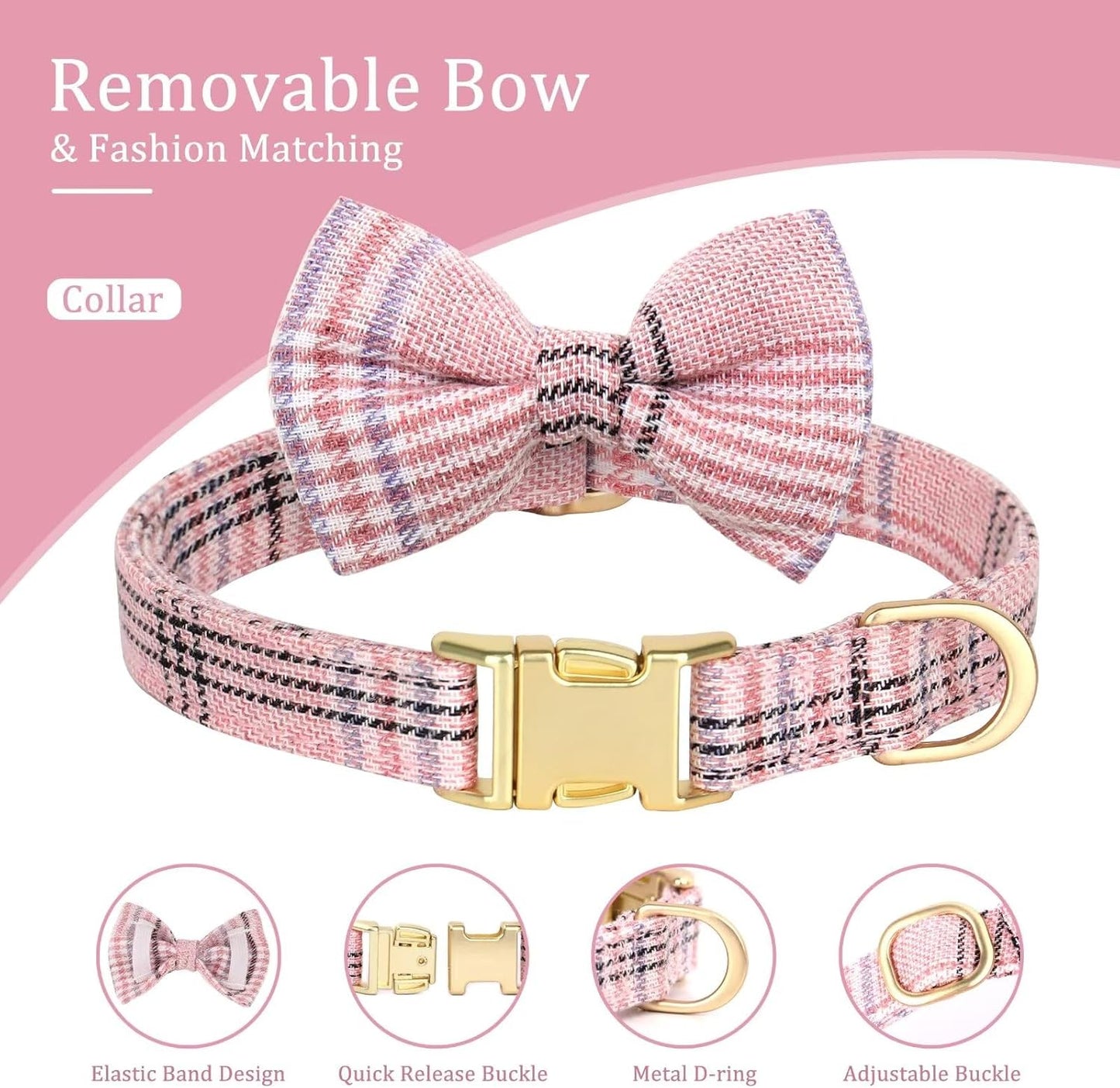 Beirui Cute Small Dog Harness Collar and Leash Set with Bowtie, Soft Adjustable Plaid Puppy Harness for Small Sized Dogs Cats Walks Parties and Photoshoots(Pink,S:Chest 17-23")