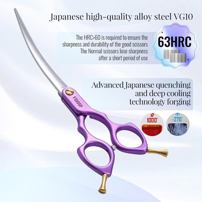 Professional Curved Dog Grooming Scissors with Sharper Self Grinding lightweight and finely trimmed split structure 6.5'' Japan VG10 63HRC for small dogs cat pet(Purple)
