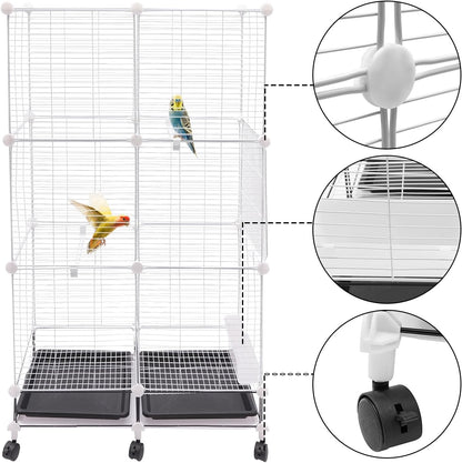49"H Wrought Iron Bird Cage Large Parrot Cage, 3-Tier Movable BirdCage Parakeet Cage w/Wheels, 360° View Spacious Interactive Bird House Pet Bird Flight Cage for Medium&Small Birds(Iron Mesh)