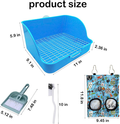 Rabbit Litter Box with Hay Bag, 4-in-1 Rabbit Potty Toilet Feeding Cleaning Set for Dwarf Bunny Guinea Pig Chinchilla (White)