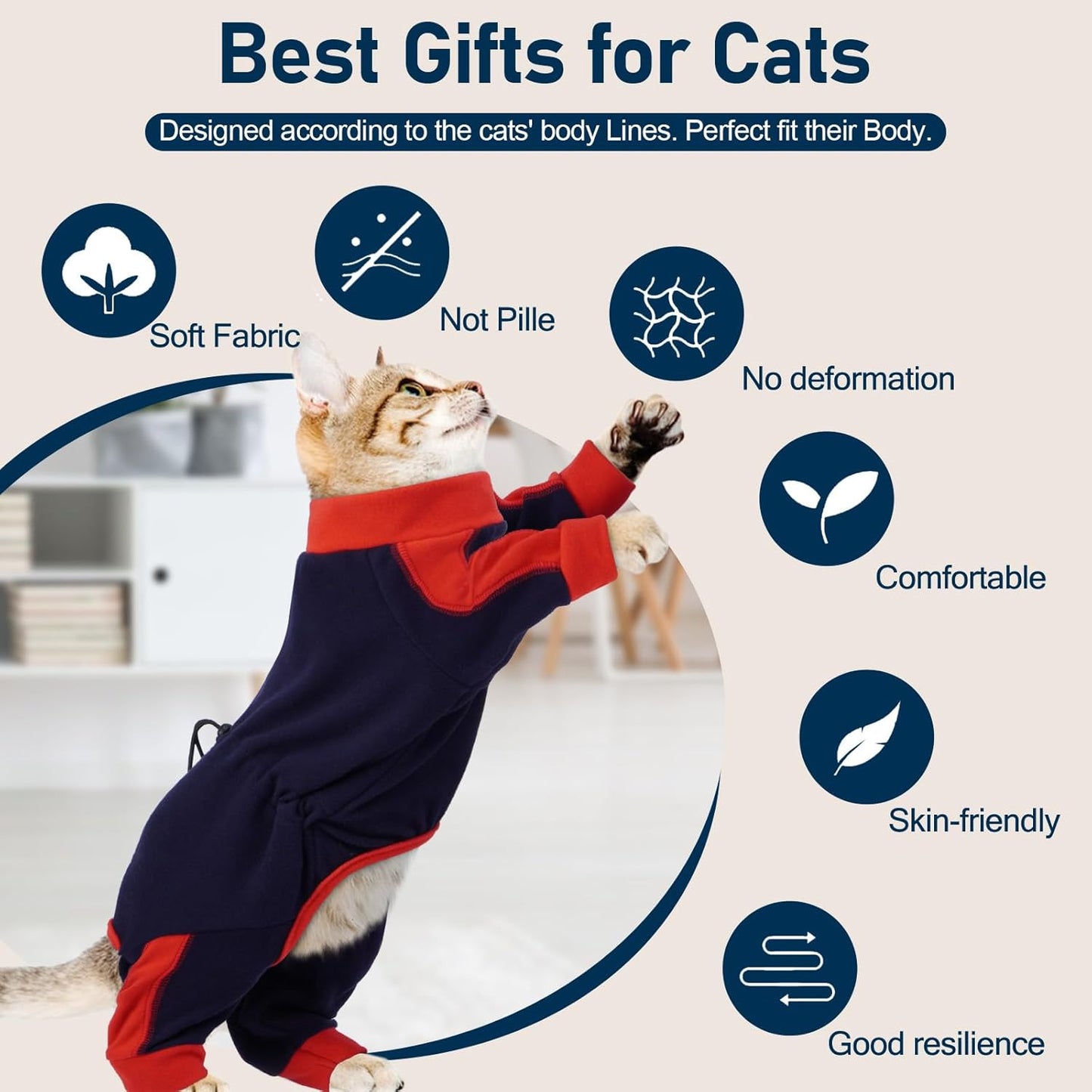 Cat Pajamas for Cats Only, Sticky Hair Cat Clothes, Long Sleeve Sphynx Clothes, Anti-Licking or Skin Disease Recovery Suit for Female Cats, Kitten Onesie Pajamas, DarkBlue, XS