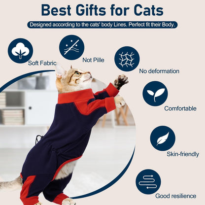 Cat Pajamas for Cats Only, Sticky Hair Cat Clothes, Long Sleeve Sphynx Clothes, Anti-Licking or Skin Disease Recovery Suit for Female Cats, Kitten Onesie Pajamas, DarkBlue, L