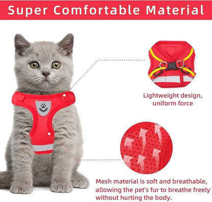 Cat Vest Harness and Small Dog Vest Harness for Walking, All Weather Mesh Harness, Cat Vest Harness with Reflective Strap, Step in Adjustable Harness for Small Cats (Red, XS)