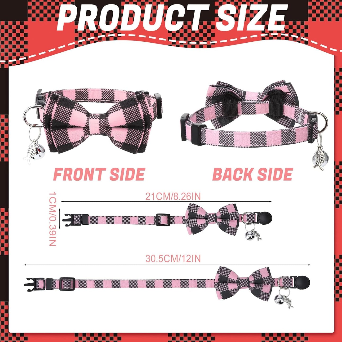 6 Pack Breakaway Cat Collars with Bow Tie and Bell Classic Plaid Kitten Cat Collars Adjustable Cat Bowtie Collar with Pendants for Girl Boy Kitten Cats