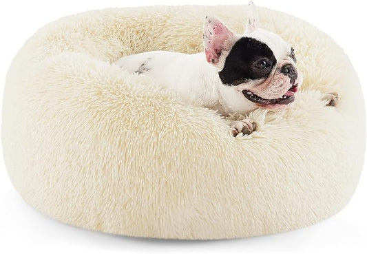 Bedsure Calming Dog Bed for Small Dogs - Donut Washable Small Pet Bed, Round Anti-Slip Fluffy Plush Faux Fur Large Cat Bed, Fits up to 25 lbs Pets, Ivory Beige, 23 inches
