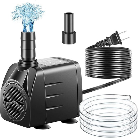 Submersible Pump, Small Fountain Pump with Tubing, Submersible Water Pump for Aquarium Fish Tank Indoor or Outdoor Pond Fountain Hydroponics Statuary (10W 160GPH, No Led Light)