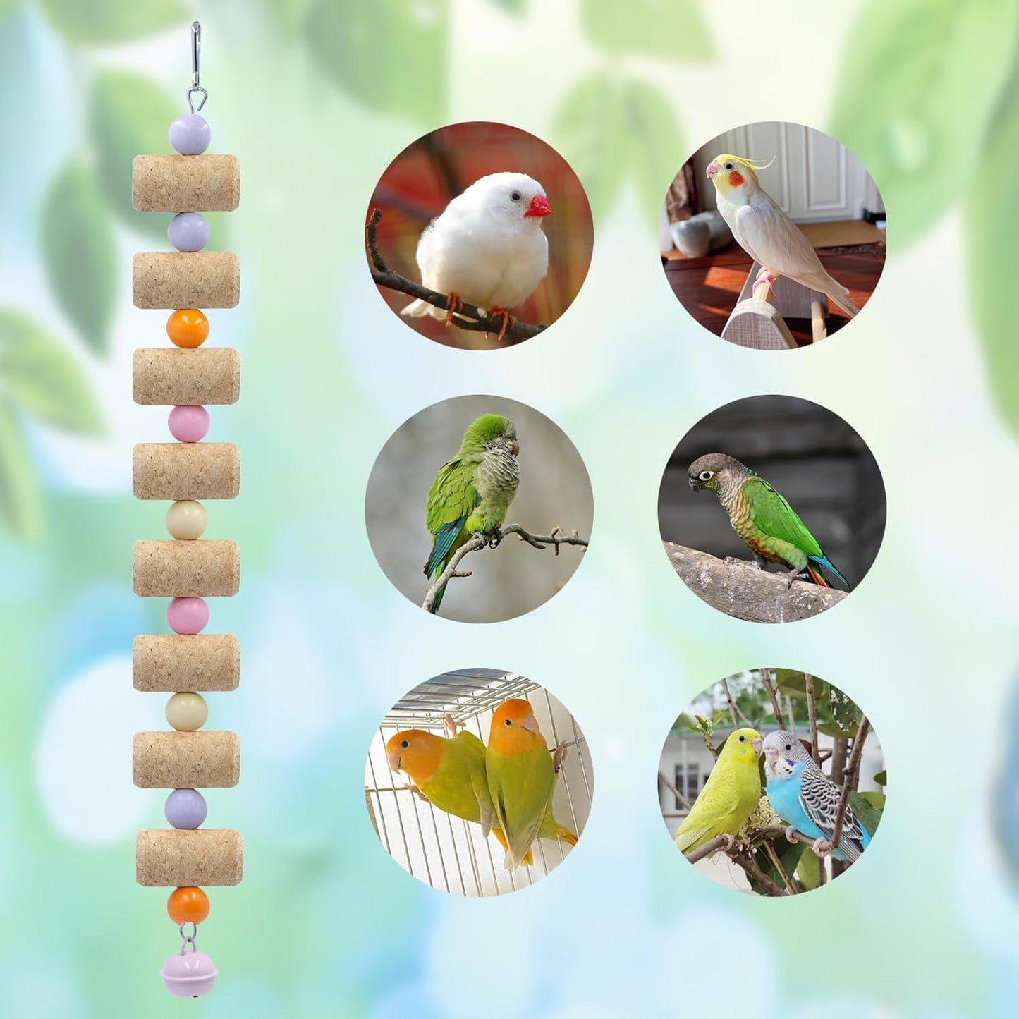 Bird Toys, 2 Pack Bird Chew Toy with Wooden Corks and Colorful Plastic Beads, Parakeet Toys, Cage Accessories for Budgies, Cockatiels, Lovebirds, Green Cheeks, Small to Medium Birds