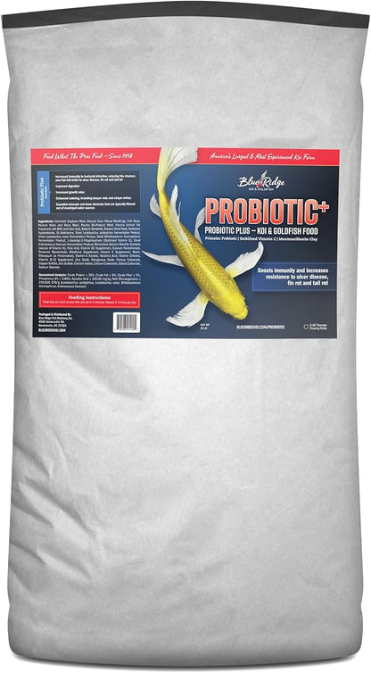 Blue Ridge Koi Fish Food 25lb - 3/16" Probiotic Plus for Goldfish and Ponds, Premium Fall and Winter Floating Pellets