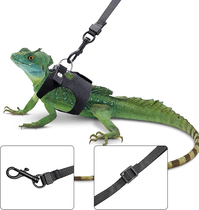 Bearded Dragon Harness and Leash Set, 3 Size Adjustable Soft Leather Reptile Leash, Lizard Harness with Retractable, Small Animal Outdoor Walking Vest with Traction Rope, 3 Pack, Black