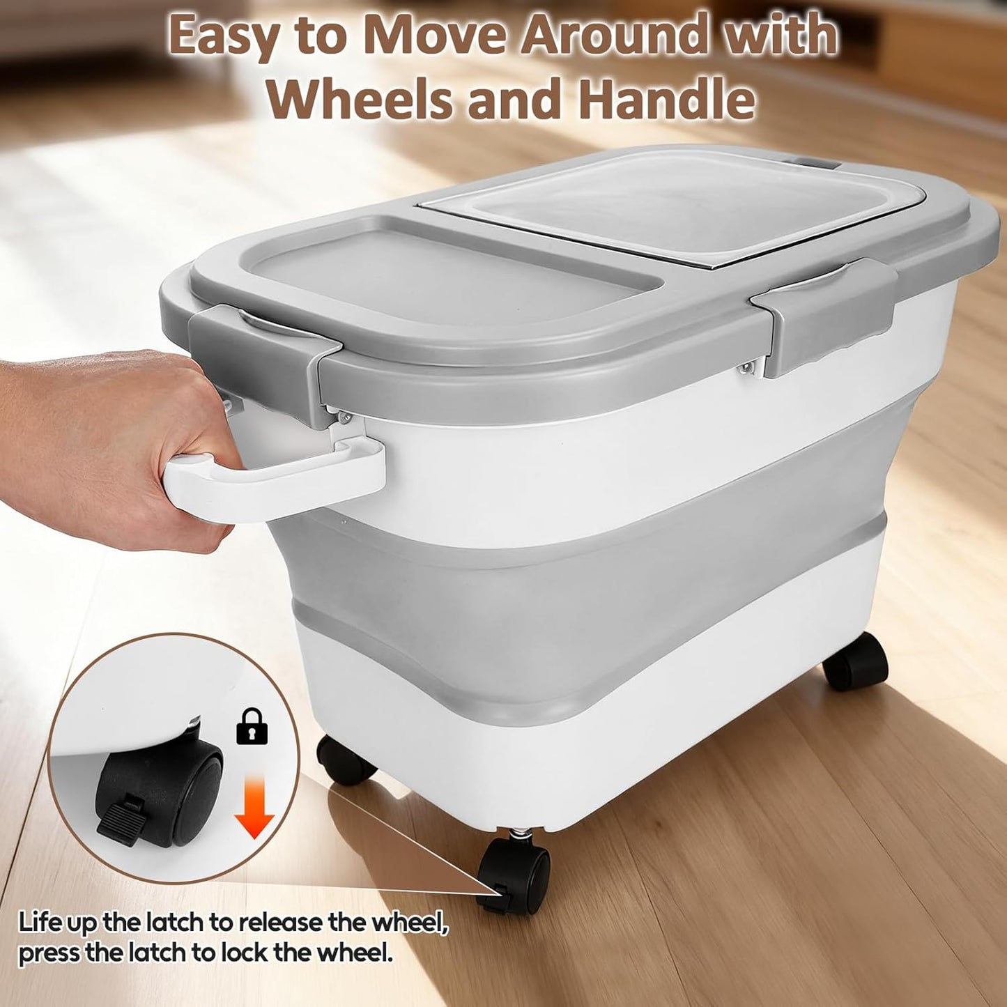 ShineMe 20Lbs Collapsible Pet Food Storage Container with Airtight Lid, Dog Food Storage Container with Measuring Scoop and Cup, Wheels & Handle for Easy Moving, Keep Dry Food Fresh (Grey)