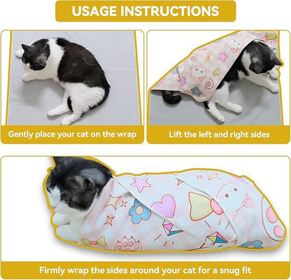 Cat Grooming Wrap for Cutting Nails, 27.6" Anti-Escape Calming Cat Swaddle Wrap for Medicine, Nail Clipping, Teeth Brushing, Ear Cleaning, Self-Adherent Burrito Restraint, (Tiger Print, L)