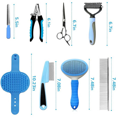 Dog Brush & Grooming Kit – 9-Piece Pet Brush & Deshedding Set for Shedding, Bathing, Trimming & Nail Care | Grooming Tools for Dogs & Cats, Includes Comb, Nail Clipper, Scissors, Slicker Brush (Blue)