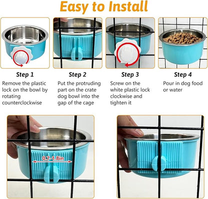 Hamiledyi Crate Dog Bowl Cat - Removable Stainless Steel Hanging No Spill Pet Bowl for Kennels Durable Detachable Design Fits Small Medium Dog Cages (2 Pcs, Blue