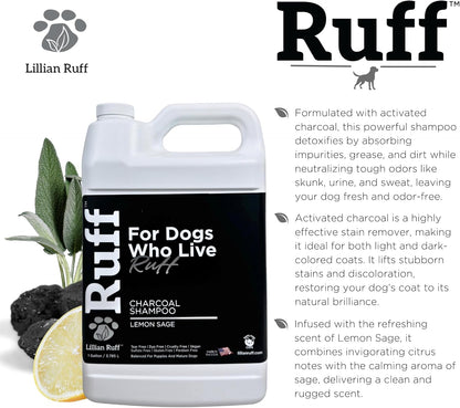 Ruff by Lillian Ruff Activated Charcoal Pet Shampoo – Lemon Sage – Deep Cleanser, Deodorizer & Stain Remover – Hydrates Dry Itchy Skin – Puppy & Dog Safe – USA Made (Gallon Pump)