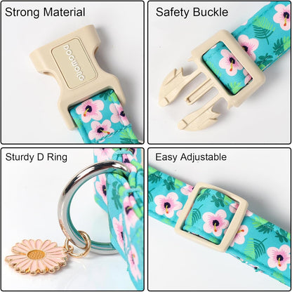 DOGWONG Spring Floral Cotton Dog Collar, Pink Flower Dog Collar Durable Soft Fabric Pet Dog Collars Cute Beachy Girl Female Puppy Necklace for Small Medium Large Dogs