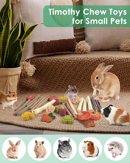 ERKOON 33PCS Bunny Chew Toys for Rabbits Teeth, Natural Rabbit Toys Apple Wood Sticks, Carrot, Timothy Grass Treats for Small Pets, Hamster, Chinchilla, Guinea Pig Dental Care and Treat Teething Toys