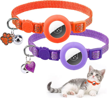 PUPTECK Airtag Cat Collar Breakaway 2 Pack with Bells, Reflective Kitten Collar with Air Tag Holder for Boy Girl Kitty and Puppies, Soft, Orange & Purple