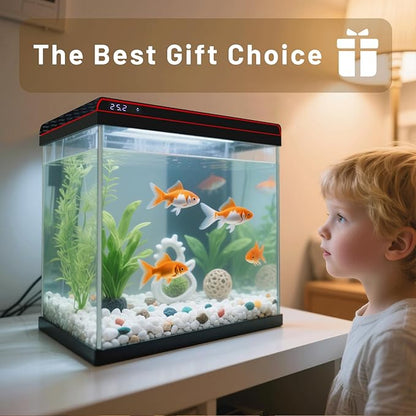 5 Gallon Glass Fish Tank Aquarium Starter Kit - Self-Cleaning, Ultra-Quiet Filter Pump, 3-Color LED Lights, Smart Temp Monitoring for Betta Fish, Shrimp, Kids Gift
