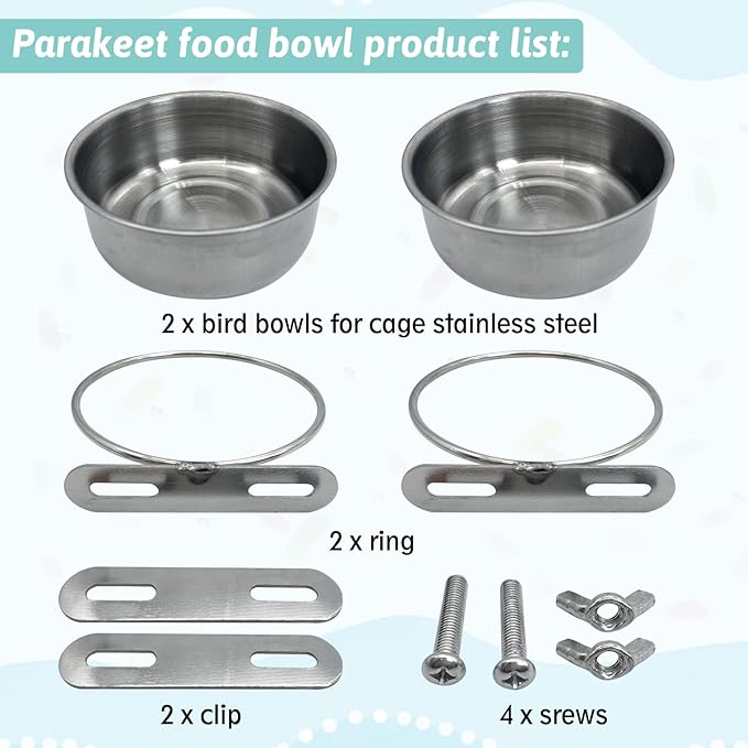 PINVNBY 2 PCS Stainless Steel Bird Bowl Parrot Food Water Bowls with Clamp Holder Bird Feeder Dish Cups Crate Bowls for Cockatiel Pigeons Conure Budgies African Greys (Double Screws Size: S)