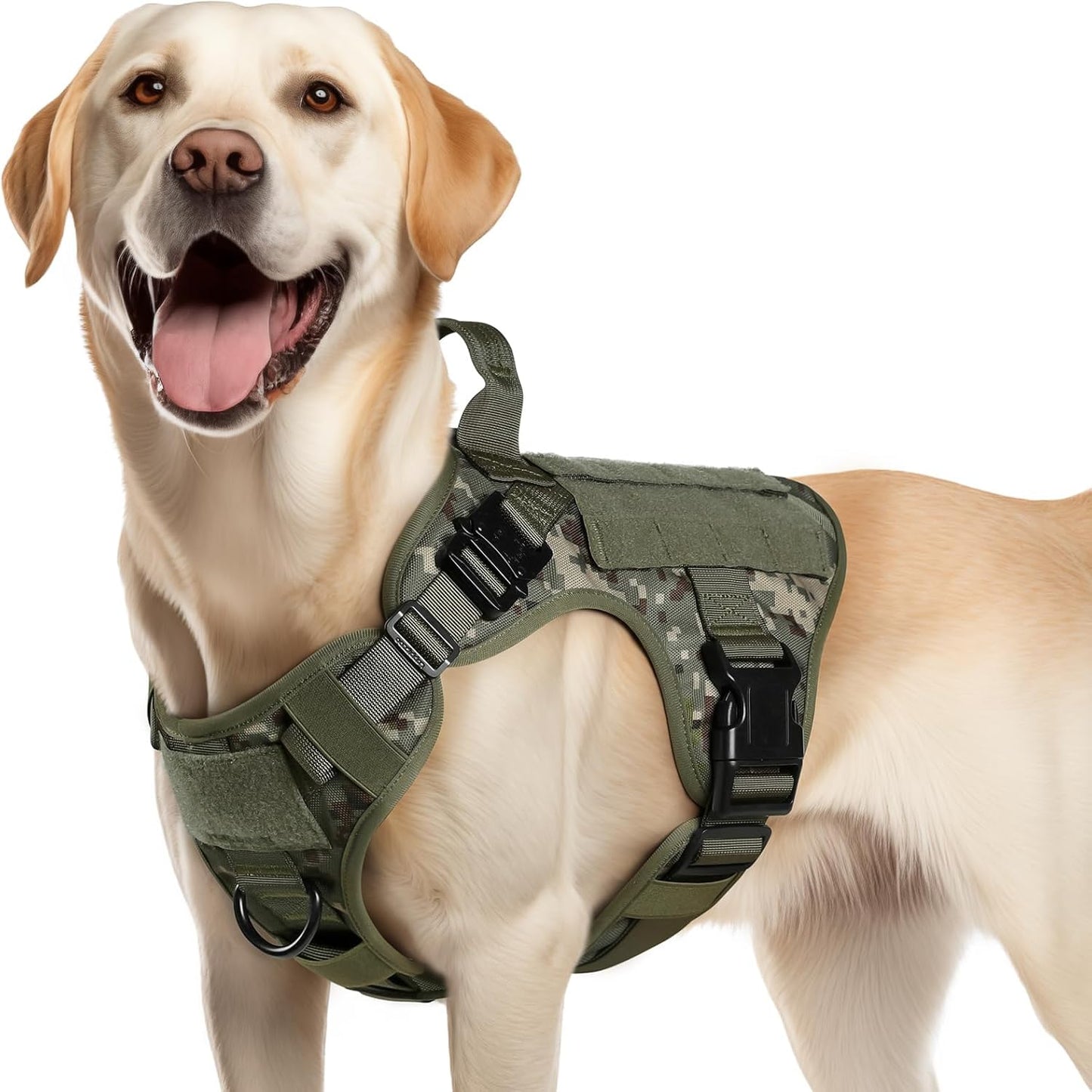 rabbitgoo Tactical Dog Harness Medium Sized, Heavy Duty Pet Harness with Handle, No-Pull Service Vest Medium Breed, Adjustable Military Dog Vest for Training Hunting Walking, Green Camo, M