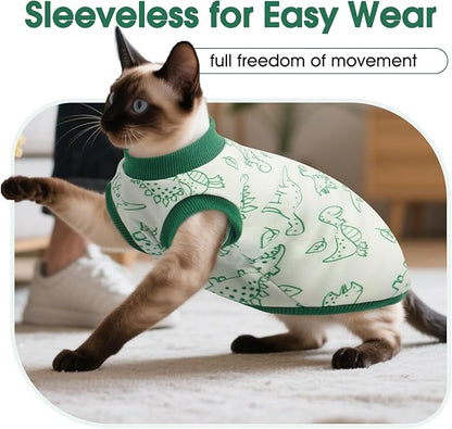 DENTRUN Sleeveless Cat Vest with Dinosaur Print, Breathable Ultra-Soft Dralon Fleece Cat Sweater, All-Season Pet Costume Apparel for Cats, Kitten Clothing for Indoor/Outdoor, Green, L