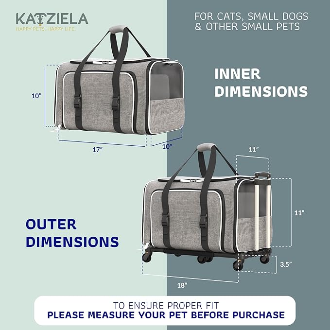 Katziela Rolling Rover Airline Compliant Expandable Premium Pet Carrier 6-Wheeled Baseboard Telescopic Handle Two-Sided Expandable Rolling Carrier Designed (Gray- White Piping)