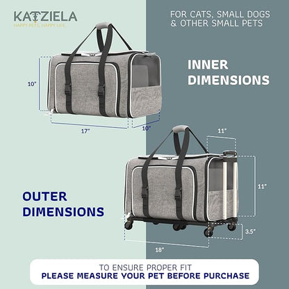 Katziela Rolling Rover Airline Compliant Expandable Premium Pet Carrier 6-Wheeled Baseboard Telescopic Handle Two-Sided Expandable Rolling Carrier Designed (Gray- White Piping)