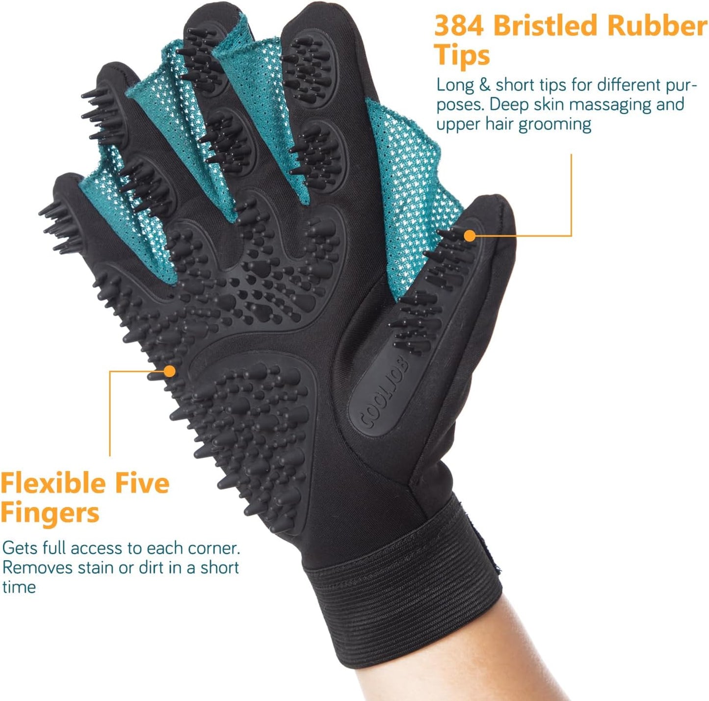 COOLJOB Patented Pet Grooming Gloves with Web, Reusable Washable Cleaning Brush Massage Hair Remover for Short Long Haired Dog Cat Horse Animal, Washing Bathing Shedding Supplies, Medium, Blue Black